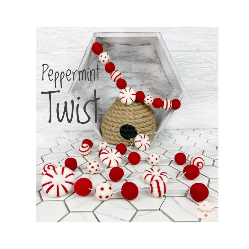 Peppermint Felt Ball Garland, Christmas Pom Pom Garland, Red and White Holiday Garland, Tier Tray, Coffee, Hot Cocoa Bar Decor, Mantel Decor image 5