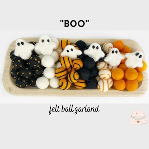 Halloween Felt Ball Garland, Ghosts, Halloween Mantel Pom Pom Garland, Home Decor, Tier Tray Decoration, Eco Friendly, wool, Free Shipping