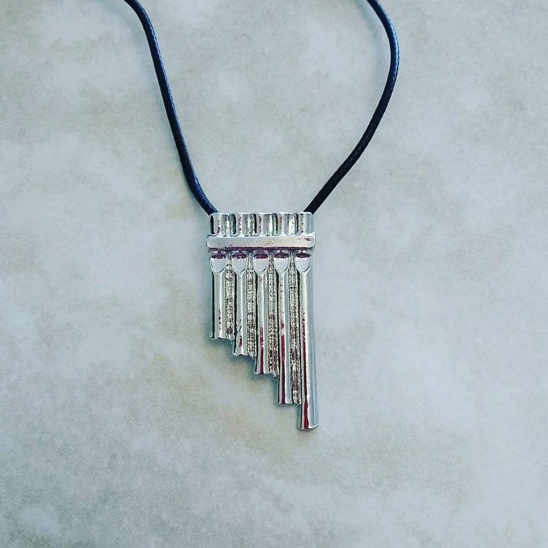 Peter Pan Flute Silver Plated Charm Black Leather Necklace Etsy