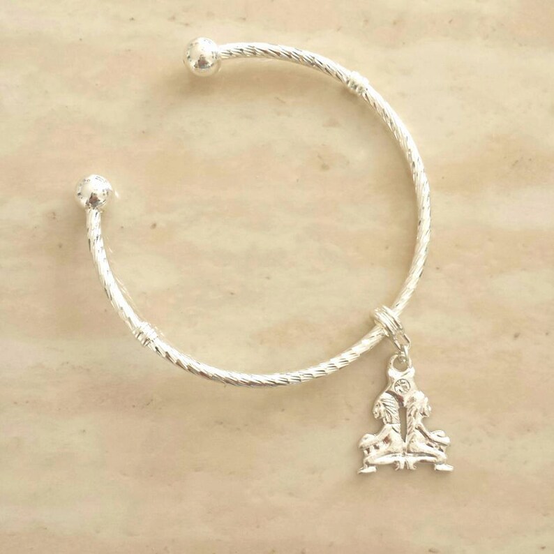SALE ~ Gemini Twins Rhinestone Charm Silver Plated Lined Bangle Bracelet 7.5 Inches