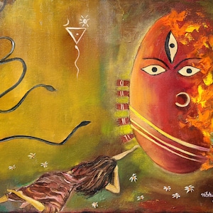 Lingabhairavi Devi-olieverfschilderij, print op canvas - Vuur van het vrouwelijke - Sadhguru (zo goed als origineel)