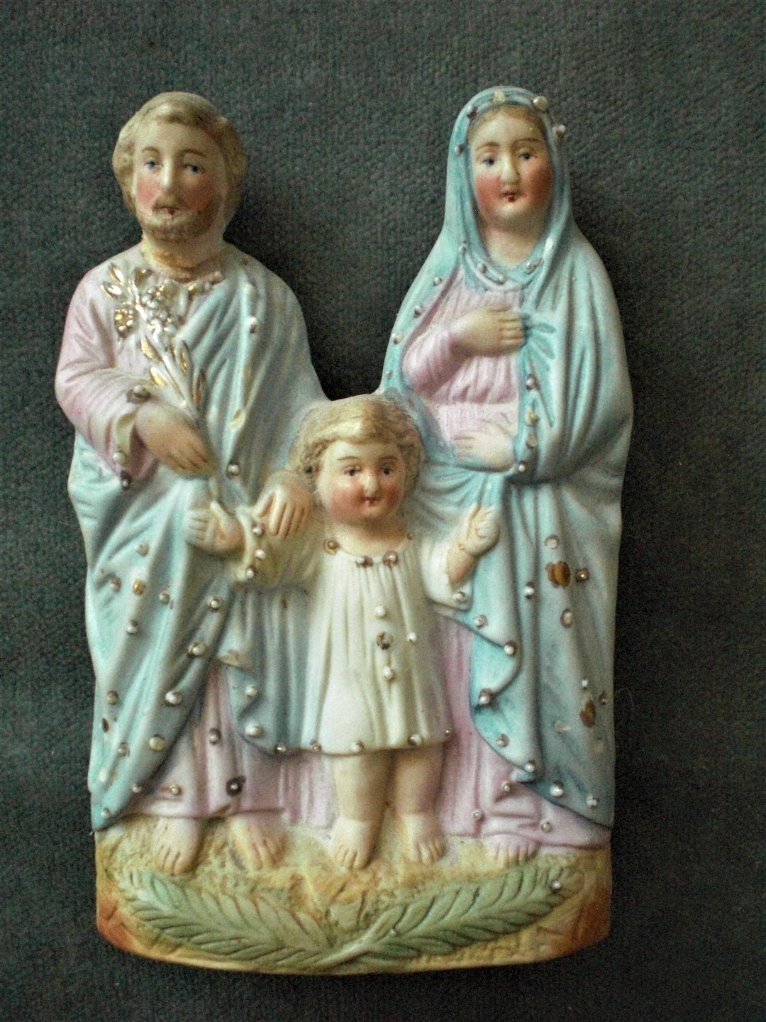 Vintage Holy Family Statue, Porcelain Bisque, Pastel Colors, 6 Tall