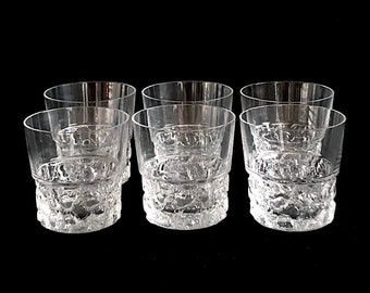 Vintage Mid Century Modern Set 6 Art Glass Lowball Glasses Scandinavian Design w Textured Pebble Bases 1960s / 1970s like Iittala Wirkkala