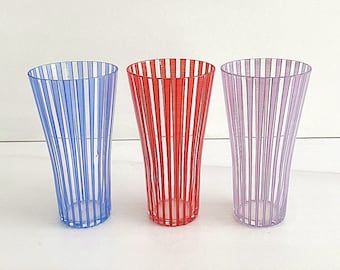 Vintage Mid Century Modern Johansfors  3 Pcs. STRIKT 5.25" Tall Cocktail Drinking Art Glasses Sweden Scandinavian Bengt Orup Purple Red Blue