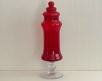 Vintage Mid Century Modern Italian Art Glass Ruby Red Apothecary Compote Jar Empoli Murano Itally 13 3/8" Tall 1970s 1960s