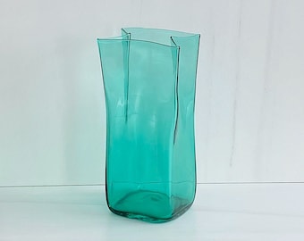 Vintage BLENKO 12.25" Tall Aqua Green Art Glass Paper Bag Vase 1970s 1980s