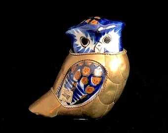 Vintage Modern Brass Metal and Ceramic Pottery OWL Sculpture Bird  Figurine Mexico Mexican Tonala