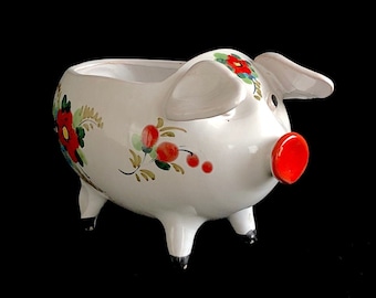 Vintage Mid Century Modern Italian Pottery Piggy Pig Planter w Hand Painted Floral Scenes Theme Italy 1960s Whimsical Design