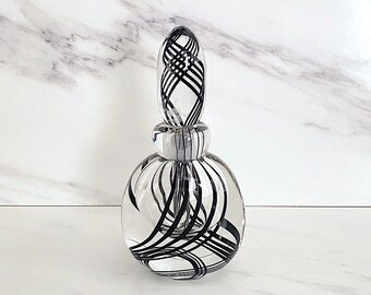 Vintage Studio Art Glass LARGE Hand Blown Perfume Bottle Decanter Clear w/ Black Swirl Andrew Shea Design