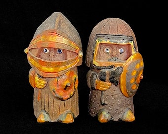 Vintage Pair of Hand Made Figural Pottery Sculptures of Warriors with Shields 1960s 1970s Warrior Figurines