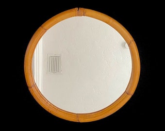 Vintage 1960s Round Natural Bamboo Wall Mirror 19.5" Diameter