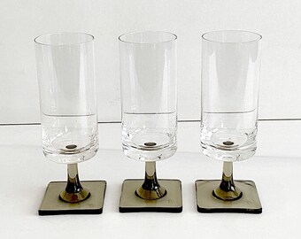 Vintage Mid Century Modern Rosenthal Glass Footed LINEAR 5 7/8" Tall Drinking Glasses with Smokey Grey Bases * SEVERAL AVAILABLE*