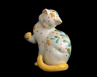 Vintage LARGE 12.5" Mid Century Modern Italian Ceramic Pottery Cat Figurine w Handpainted Decoration Whimsical Floral Design 1960s Italy
