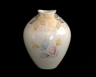 Vintage Mid Century Modern Fine German Porcelain Vase with Gilt Floral Design BAVARIA Elfenbein Porzellan