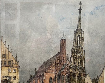 Luigi Kasimir European Street Scene with Church Signed Colored Etching Print