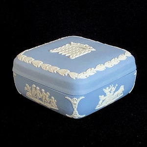 Vintage Wedgwood Blue & White Jasperware SQUARE Trinket Box w Lid Neoclassical Scenes England English Porcelain Jasper Ware image 1