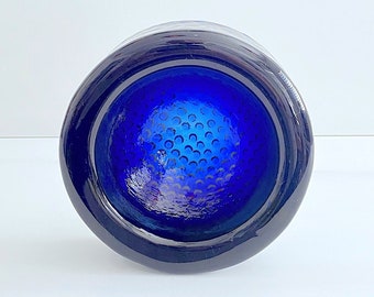 Vintage 1970s Modern Cobalt Blue Art Glass Thick Bowl with Circular Hobnail Bumps on Base Blenko ?