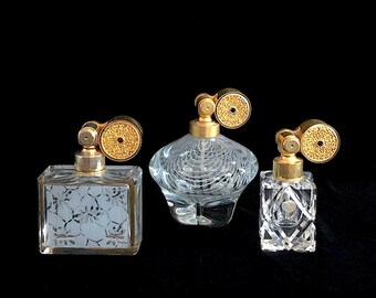 Vintage Collection of 3 Gold Tone Marcel Franck France Escale Crystal Art Glass Perfume Atomizer French Perfume Bottles Frosted & Latticino