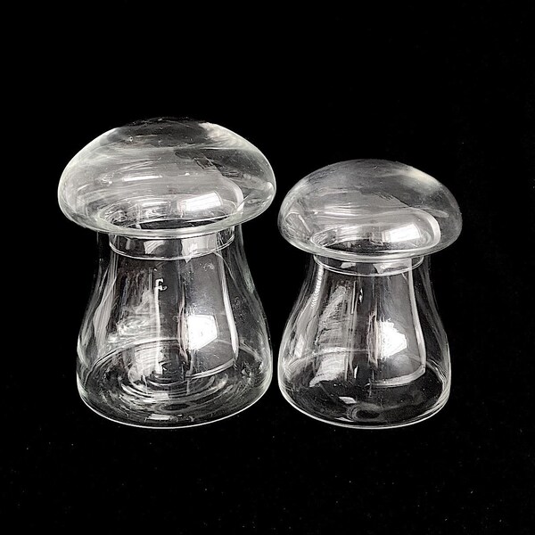 Vintage Modern Set of 2 Glass MUSHROOM Canisters Containers with Lids