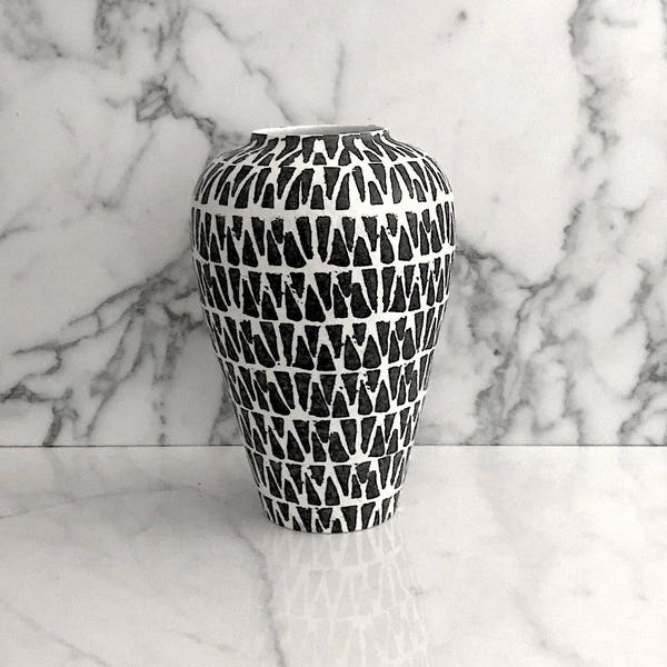 Vintage Mid Century Modern Italian Ceramic Pottery LARGE Vase Raymor Alvino Bagni Design Black and White Geometric Design 11.5" Tall Italy