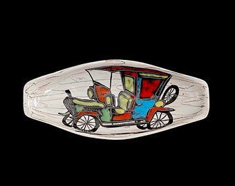 Vintage Mid Century Modern Italian Art Pottery Hand Painted Bowl Dish Fantoni with Model T Style Car Theme  Italy Multi Color 1960s 1970s