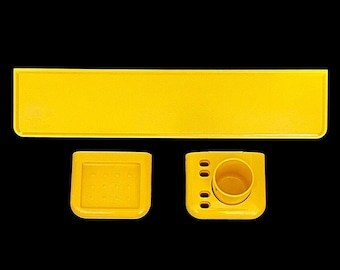 Vintage 1970s Space Age Pop YELLOW Plastic Bathroom Accessories Set Soap and Toothbrush Holders w Cup and Shelf  ITALY DORA Carrara & Matta