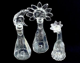 Vintage Whimsical Modern Lot of 3 Hand Blown Art Glass Decanters with Sun, Moon and Flower Stoppers 1960s 1970s