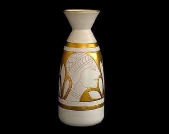 Vintage Mid Century Modern Italian Hand Made Art Pottery Vase with Roman / Greek Figures Theme White and Gold 1960s Italy