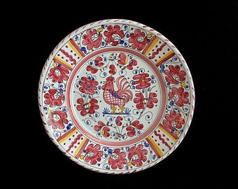 Vintage Italian Hand Painted Large 12 1/8" Ceramic Pottery Plate Charger with Rooster and Floral Theme 1960s Italy