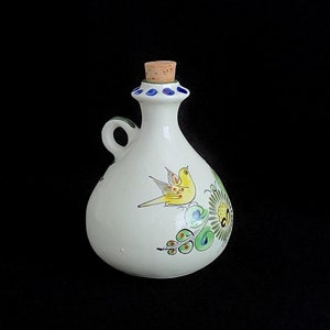 Vintage Modernist Mexican Tonala Art Pottery Hand Painted Bottle Jar Jug with Bird & Floral Scene 5.75 Tall Artist Signed CAT image 1