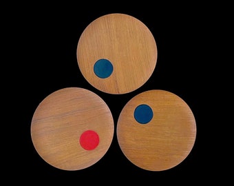 Vintage Mid century Modern Lot of 3 CORONET Teak Wood Plates with Modernist Asymmetrical Circle Cutout JAPAN 1960s 1970s
