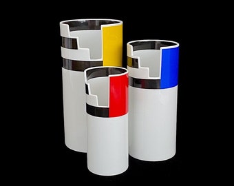 Vintage 1980s Post Modern Thomas Porcelain Atelier Collection Set of 3 Vases with Primary Colors and Geometric Design Germany
