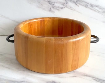 Vintage Mid Century Danish Modern DIGSMED 12" Round Wood Serving Bowl w/ Wrought Iron Handles 20th Century Modernist Denmark Design