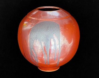 Large 12" Vintage Japanese Bulbous Ball Vessel Pottery Vase w Metallic Reddish Brown Glaze w Drip Glaze Accent Larry Laszlo for Mikasa 1980s