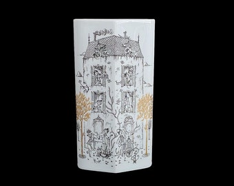Vintage Mid Century Modern 1960s Rosenthal Studio Linie Tapio Wirkkala Raymond Peynet White Black Gold Vase Apartment Building Scenes 11.75&quot;