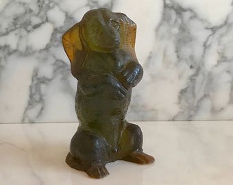 Vintage Modern Upright Dachshund Dog Acrylic Lucite  Sculpture Figurine 6.75" with Translucent Amber & Green Color Designcraft 1970s