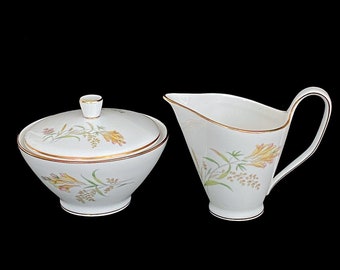 Vintage Mid Century Modern ROSENTHAL Porcelain BETTINA Pattern Floral Scenes Creamer and Sugar Bowl 1950s White & Gold Trim Kronach Germany