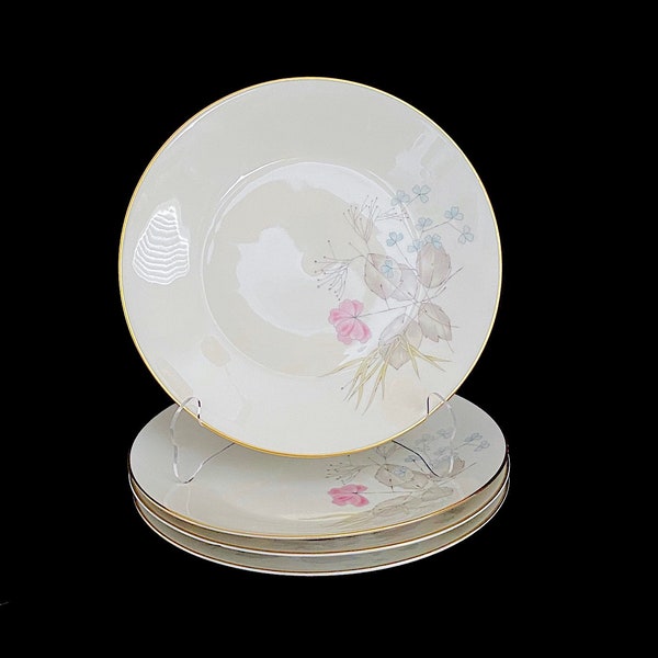 Vintage Mid Century Modern ROSENTHAL Porcelain BETTINA Parisian Spring Pattern Floral Scene 7.75" Side Plates Plates 1950s Off White & Gold