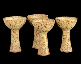 Vintage Mid Century Modern 1960s 1970s Studio Art Pottery Set of 4 Goblets with Speckled Glaze Stoneware Artist Initialed TT