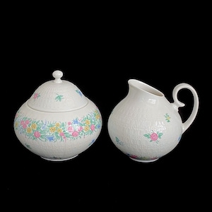 Vintage Mid Century Modern 1950s / 1960s Bjorn Wiinblad White and Colorful Floral  Creamer & Sugar Bowl  ROMANCE Rosenthal Studio Linie