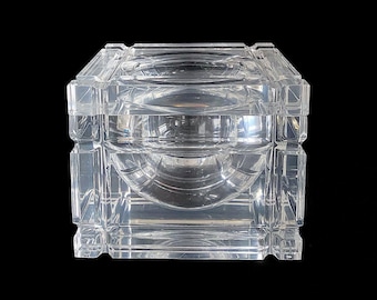 Vintage 1970s LARGE Carved Lucite Box with Hinged Slide Away Lid with Optical Effect Design 9.5" x 9.5" X 7.5"