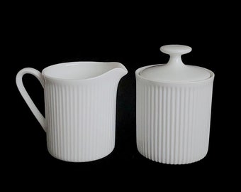Vintage Mid Century Modern Arzberg Germany ATHENA Creamer & Sugar Bowl w/ Lid White Ribbed Classical Design