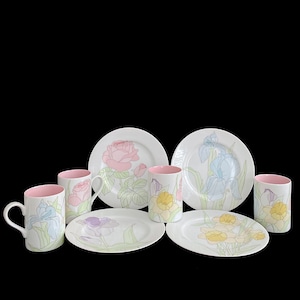 Vintage 1970s Modern Luncheon Set of 4 SPRING GARDEN Plates and Mugs Cups Fitz and Floyd Japan Japanese image 1