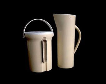 Vintage Modernist Plastic Designer Pitcher and Ice Bucket Beige and White Takefuji Design Mikasa Japan 1980s 90s Streamline Modernist Design