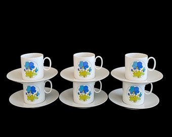 Vintage Mid Century Modern Thomas Rosenthal Porcelain of Germany SPRING Floral Pattern White Blue Green Cups & Saucers