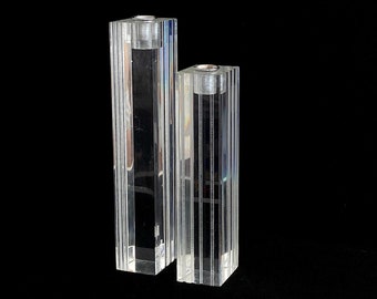 Vintage Modern Pair of 1970s Carved Lucite Candleholders with Carved Lines