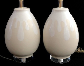 Vintage 1980s Modern Pair Pottery & Lucite Large Egg Lamps with Paint Drip Design Cream and White Glazes Bauer Lamp Company Whimsical Design