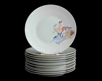 Vintage Mid Century Modern 1950s Set 12 Rosenthal Handmalerei Munchen Germany 9.75" Porcelain Dinner Plates Lis Muller Hand Painted Scenes