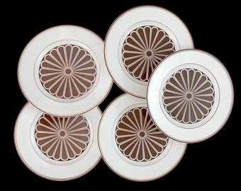 Vintage Mid Century Modern Set of 5 Whimsical Geometric Brown Flower Luncheon Plates Fitz and Floyd Fine Porcelain 7.5" Diameter