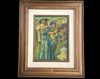 Vintage Original Oil on Board Painting by Artist: Carlos Lopez Ruiz  Musicians With Guitars 28" x 23.25" Wood Frame